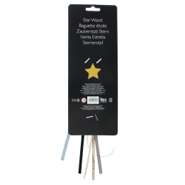 Back of glitter star wand packaging with safety warnings descriptions.