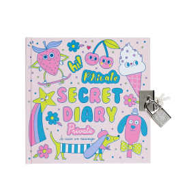 Colourful secret diary with cute cartoons illustrations and a padlock on the cover.