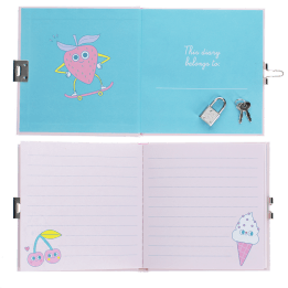 Open secret diary showing lined pages, illustrations, and a padlock with keys.