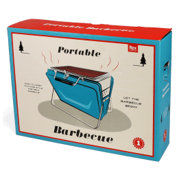 Portable charcoal grill with metal grate and foldable legs shown with packaging