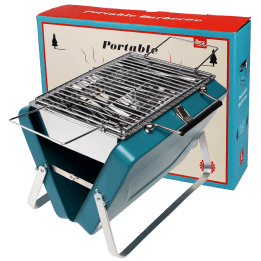  Portable charcoal grill with metal grate and foldable legs shown with packaging.