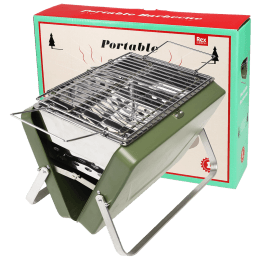 Portable charcoal grill with metal grate and foldable legs shown with packaging