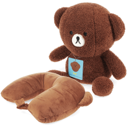 Brown plush teddy bear travel toy with a fold‑out neck pillow, shown sitting upright.