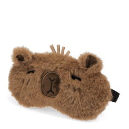 Light brown plush capybara‑shaped travel eye mask with stitched facial details