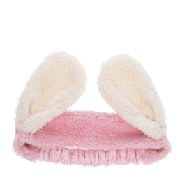 Pink plush fabric hairband with soft white bunny ears.