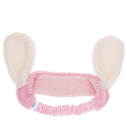 Pink plush fabric hairband with soft white bunny ears.