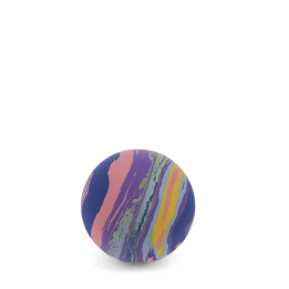 Colourful bouncy ball with purple, pink, yellow and green swirling pattern.