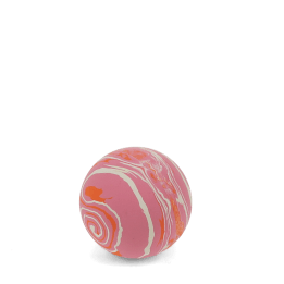 Pink bouncy ball with white and orange swirling pattern.