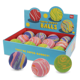 Display box of colourful marbled bouncy balls with swirling patterns 
