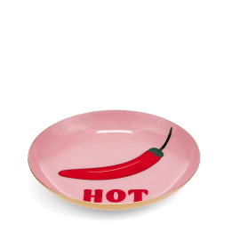 Pink trinket dish with red chilli and “HOT” text