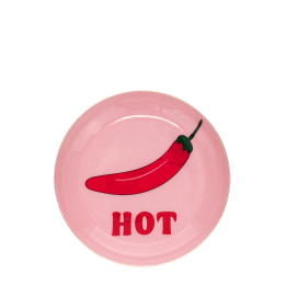 Pink trinket dish with red chilli and “HOT” text