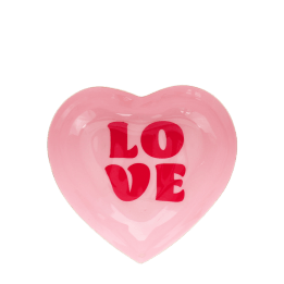 Heart-shaped pink trinket dish with red “LOVE” text