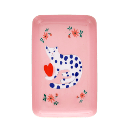 Rectangular pink trinket tray with cat design 