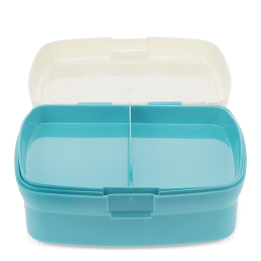 Open children’s lunch box with a removable tray and hinged lid 