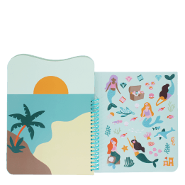 Open mermaid sticker book with colourful underwater scenes, fish, waves, and mermaids.