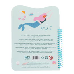 Back of mermaid sticker book with safety warnings in multilingual