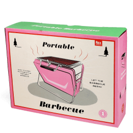 Pink portable barbecue in a retail box