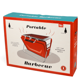 Red portable bbq suitcase in a retail box