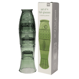 Stacked green glass tumblers placed beside box