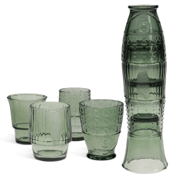 Set of 4 green glass tumblers with textured designs