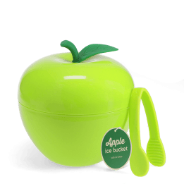 Green apple shaped ice bucket with lid, tong and a tag.