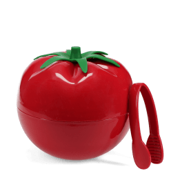Tomato-shaped red ice bucket with green lid and matching serving tongs.