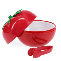 Tomato-shaped red ice bucket with lid and matching serving tongs.
