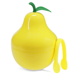Yellow pear-shaped ice bucket with green leaf lid and matching tongs.