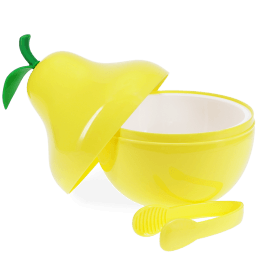 Yellow pear-shaped ice bucket with green leaf lid and matching tongs.