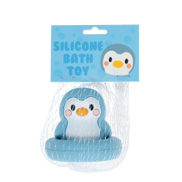 Blue silicone bunny bath toy with upright ears and simple face, in a packaging