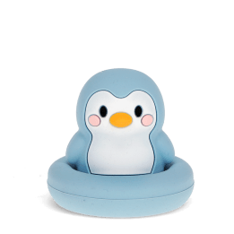 Blue silicone bunny bath toy with upright ears and simple face, in round base