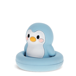 Blue silicone bunny bath toy with upright ears and simple face, in round base