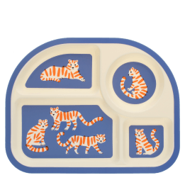 Four sectioned children’s plate with orange tiger illustrations in each compartment.