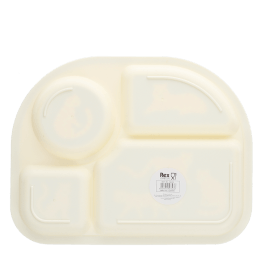 Back of four sectioned children’s plate with barcode.