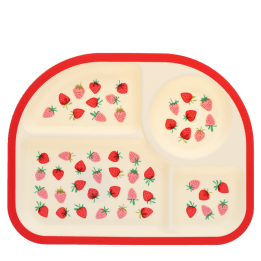 Four sectioned children’s plate with a red rim and small strawberry illustrations in each compartment.