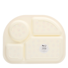 Back of four sectioned children’s plate with barcode.