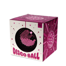 Plum purple disco ball inside a packaging labelled "DISCO BALL" letters