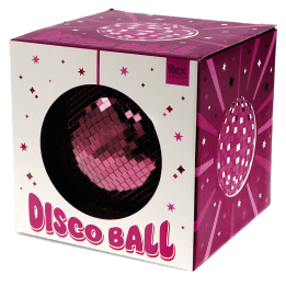 Plum purple disco ball inside a packaging labelled "DISCO BALL" letters