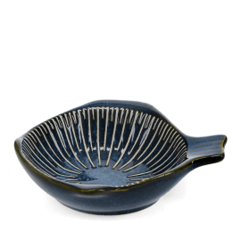 Blue ceramic fish-shaped dish with striped pattern and handle