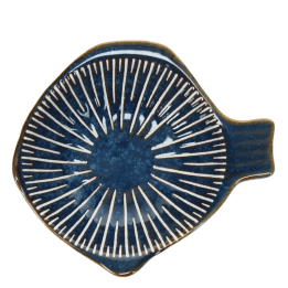 Blue ceramic fish-shaped dish with striped pattern and handle