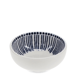 White ceramic bowl with blue vertical line pattern inside