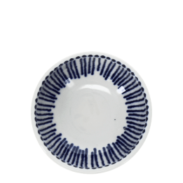 White ceramic bowl with blue vertical line pattern inside