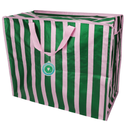 Green and pink striped jumbo storage bag with handle and a tag.