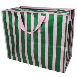 Green and pink striped jumbo storage bag with handle.