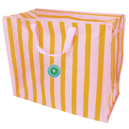  Pink and yellow striped reusable storage bag with handles and a tag.