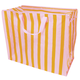 Pink and yellow striped reusable storage bag with handles.