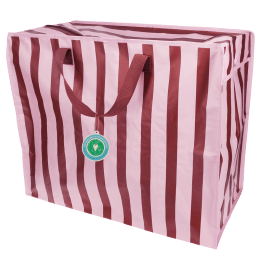 Pink and brown  striped reusable storage bag with handles and a tag.