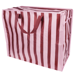 Pink and brown  striped reusable storage bag with handles.