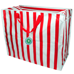 Blue and red striped reusable storage bag with handles and a tag.