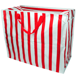 Blue and red striped reusable storage bag with handles.